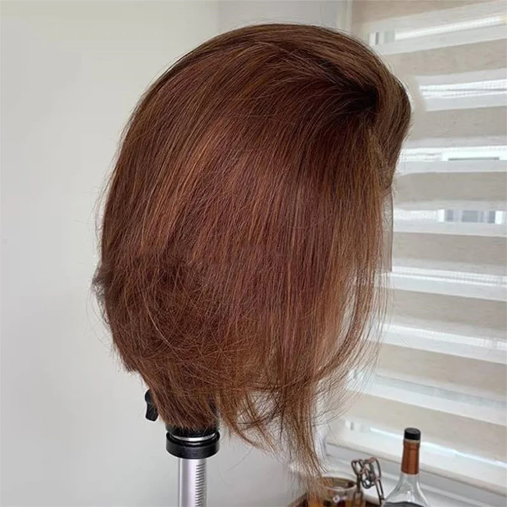 Bob pendek 16 inci lembut halus lurus coklat 180 kepadatan renda depan Wig untuk hitam wanita Babyhair prepked tahan panas harian