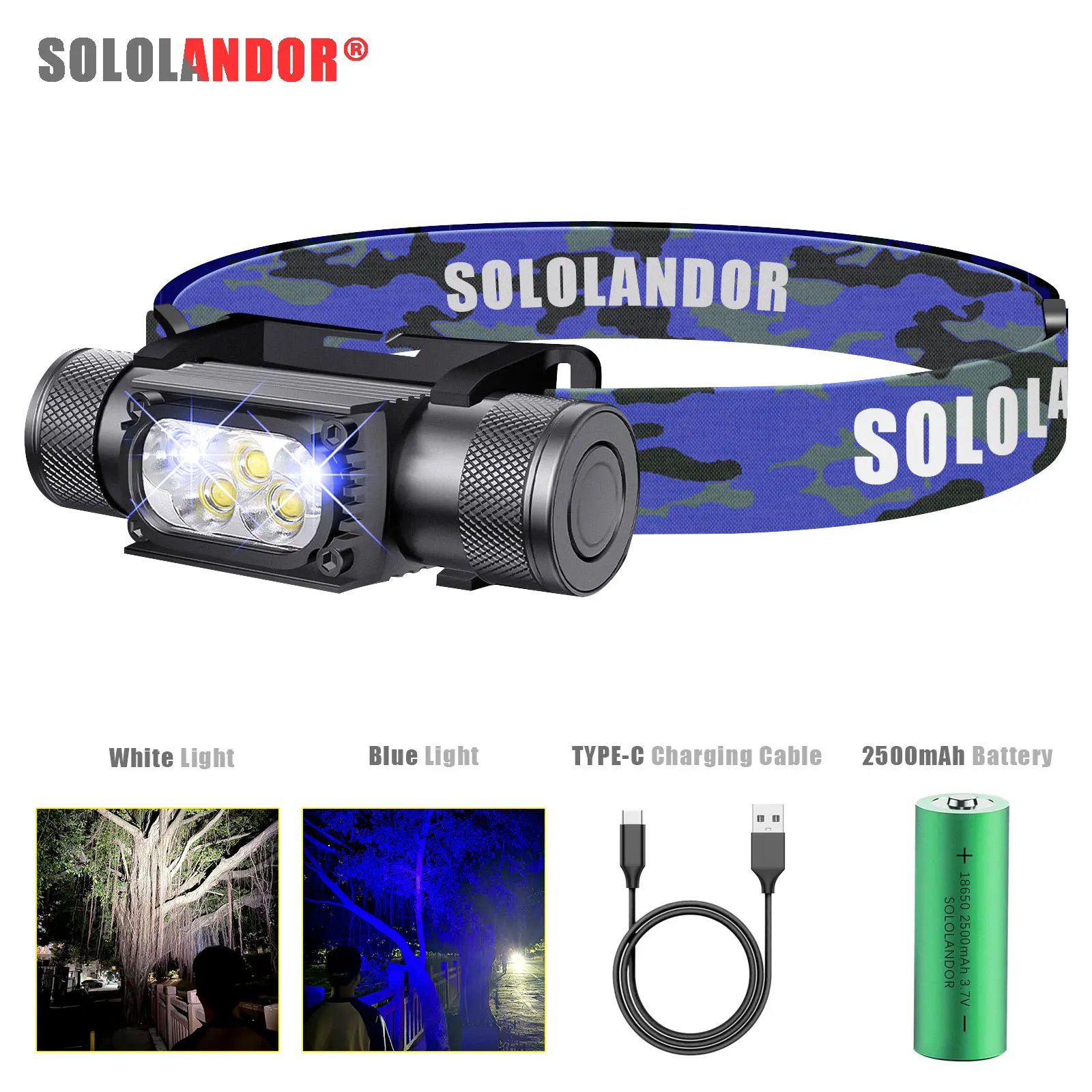 

1 шт., белый, синий светодиодный камуфляжный фонарь, фонарик USB Type-C, 18650, налобный фонарь с аккумулятором и памятью, охотничий головной светильник, лампы для пчеловодства