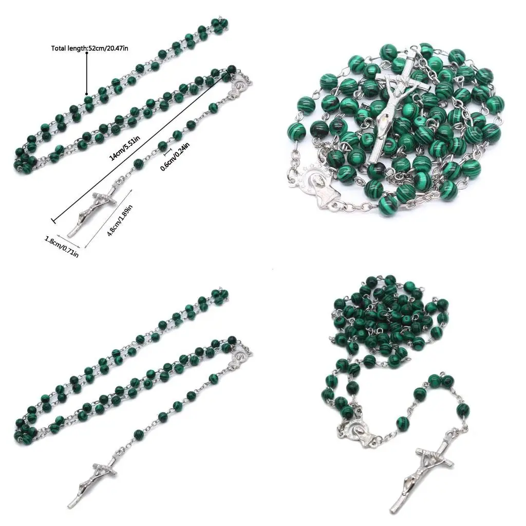 Malachite for Cross Pendant Rosary Beads Chain Necklace Christian Religion Men C