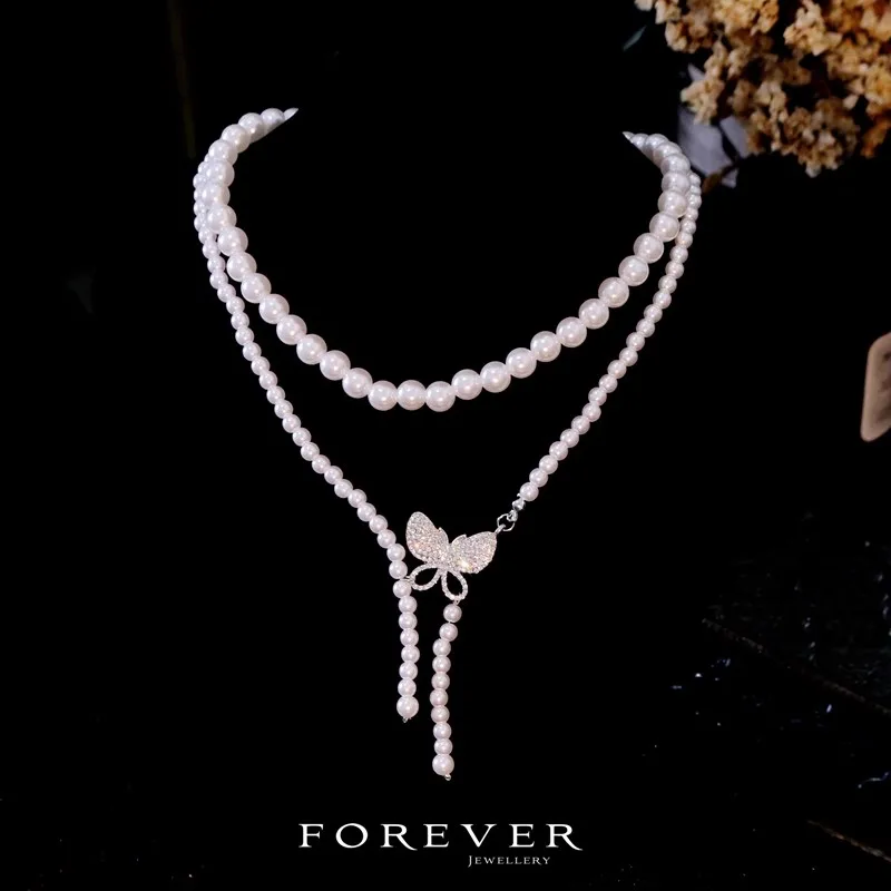 

CC Elegant Necklace Women Accessories Engagement Bijoux Imitation Pearl Chain Butterfly Shape Double Layers Choker Gifts FO051
