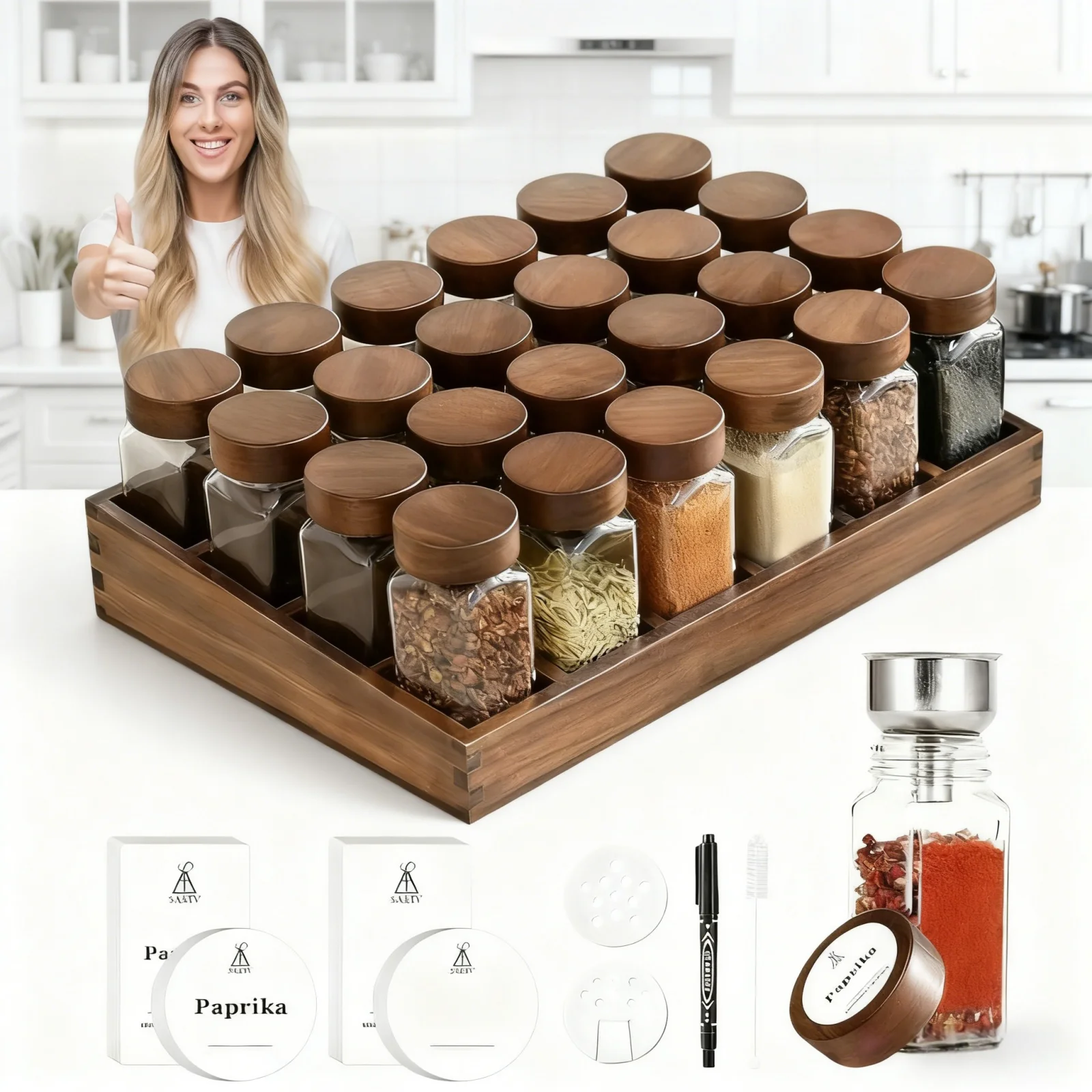 Pots à épices Saeiv 12/24, avec plateau élégant en bois d'acacia, support à épices en bois + pots à épices carrés de 120 ml, étiquettes à épices, boîte de rangement pour épices naturelles
