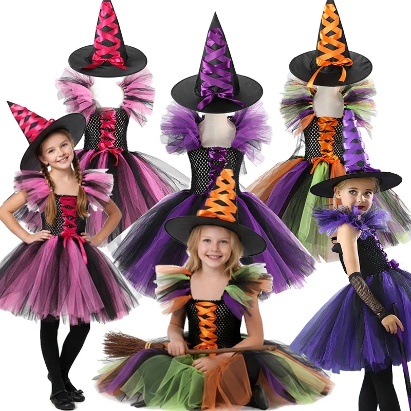 Kids Girls Witch Cosplay Costume 3 Color Tutu Tulle Dress with Pointed Witch Hat Halloween Theme Party Costume Holiday Gift