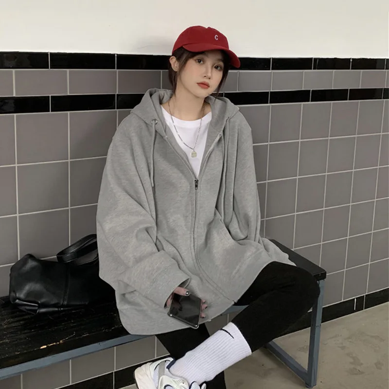 Harajuku Korean Women Hoodies Zip Up Coat Oversized Loose Sweatshirts Casual Solid Long Sleeve Sweatshirt Coats Hooded Jacket