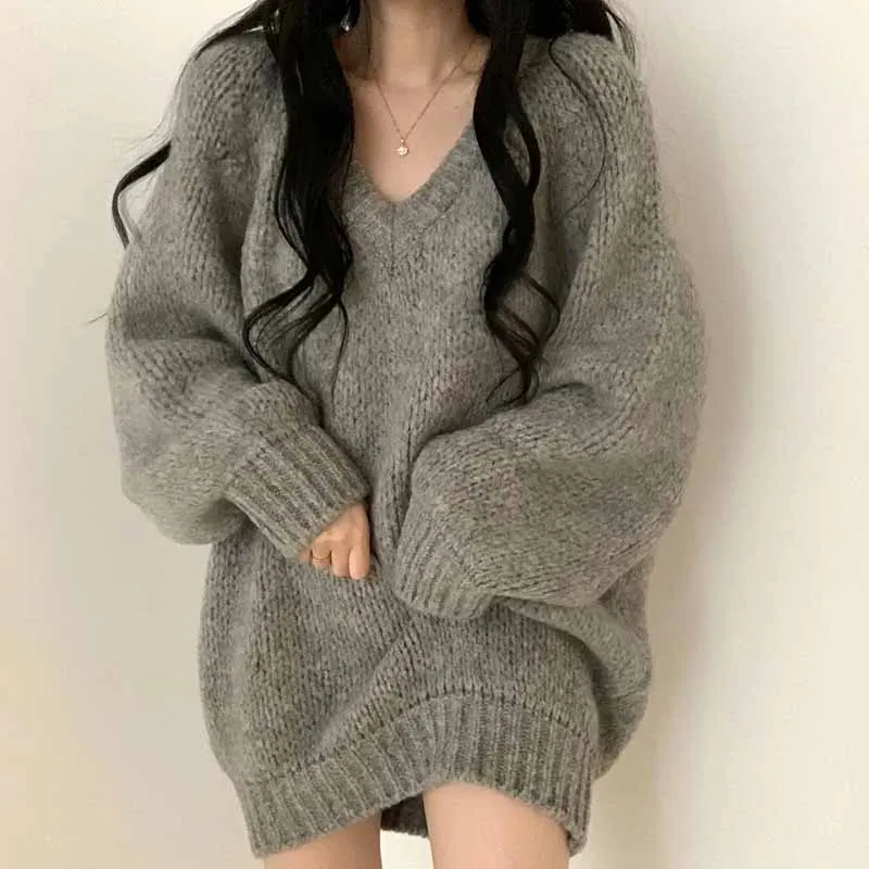 

Women Spring Fashion Versatile Loose Sweater V-neck Knitwear Pullover Female Lazy Wind Appear Thin Mid Length Version Pullovers