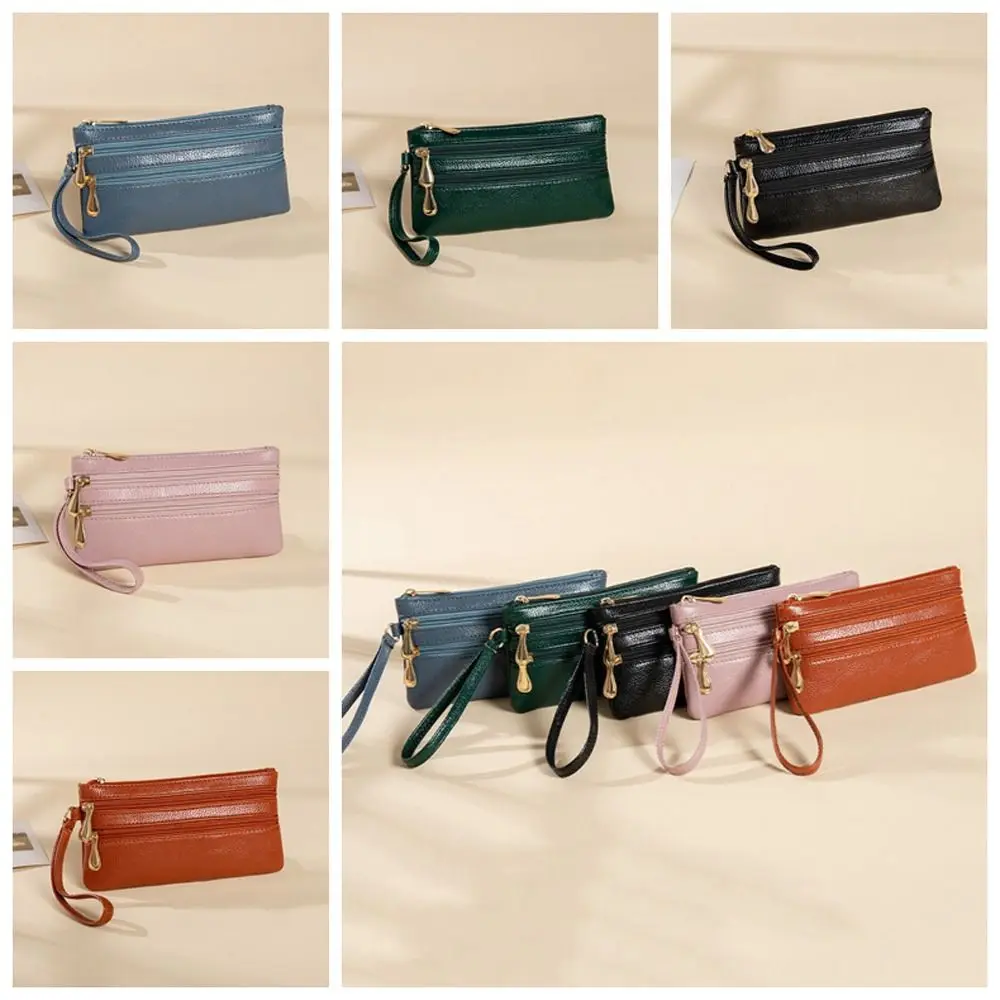 Solid Color Two Zipper Coin Purse Large Capacity Multi-pocket Lychee Pattern Long Wallet Card Holder Storage Bag Female/Male