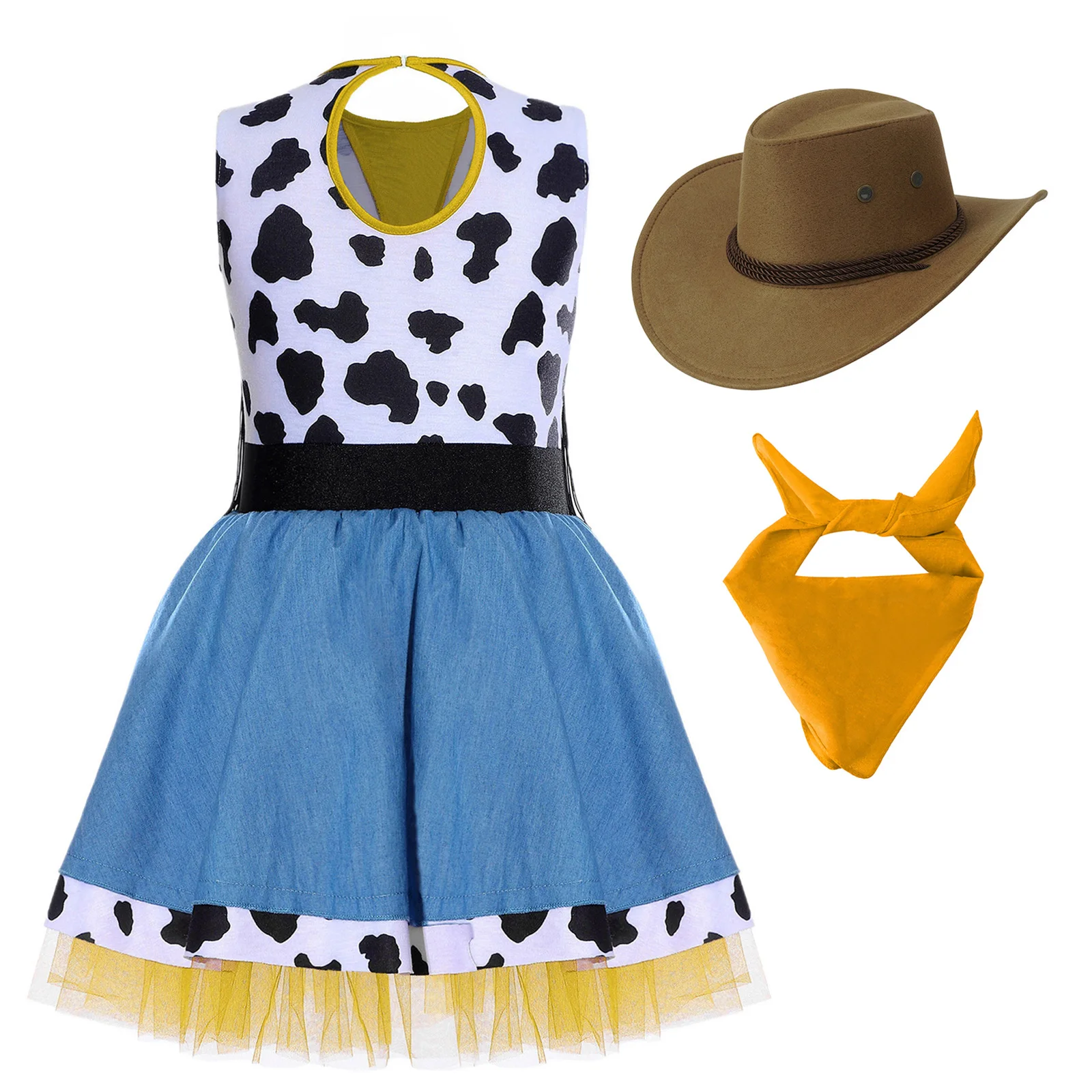 3 قطعة/المجموعة الفتيات هالوين راعية البقر الغربية فستان زي بلا أكمام البقرة طباعة هامش توتو فستان مع كاوبوي باندانا وقبعة #2
