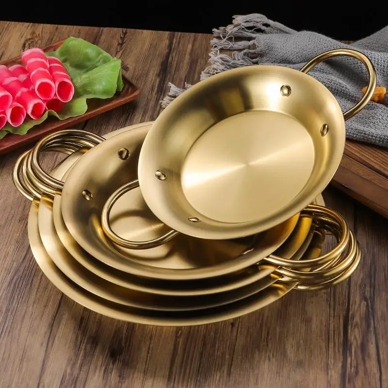 Stainless Steel Paella Pan with Double Handle Flat Cooking Pot Thickened Body Brushed Finish Easy to Clean Shrimp & Lobster Dish