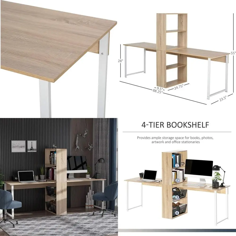 

Double Workstation Computer Desk with Storage, 88 Long, Natural Wood, for Home Office and Study
