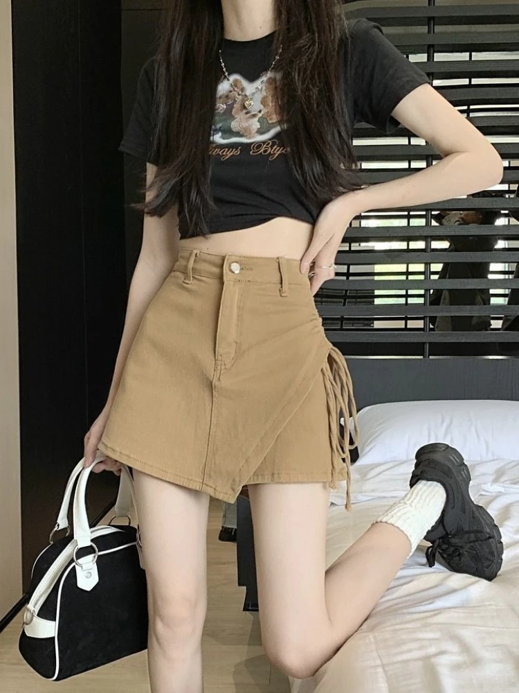 Petite Women Denim High Waist Irregular Khaki Short Skirt 2026 Summer New A Line Wrap Hip Slimming Drawstring Stylish