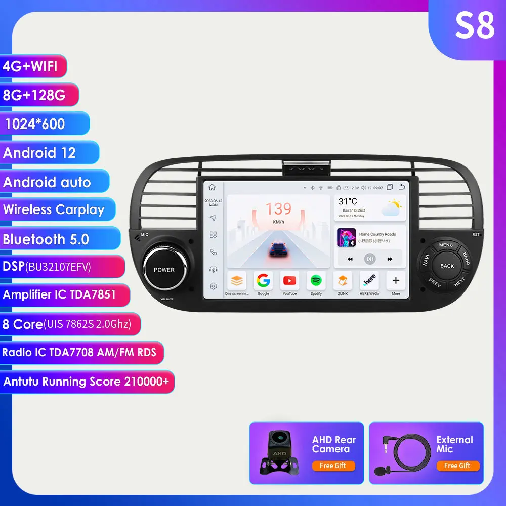 2 din Android Autoradio voor Fiat 500 2007-2015 Carplay Multimedia Video Player Autoradio Stereo 7 inch Intelligente GPS scherm