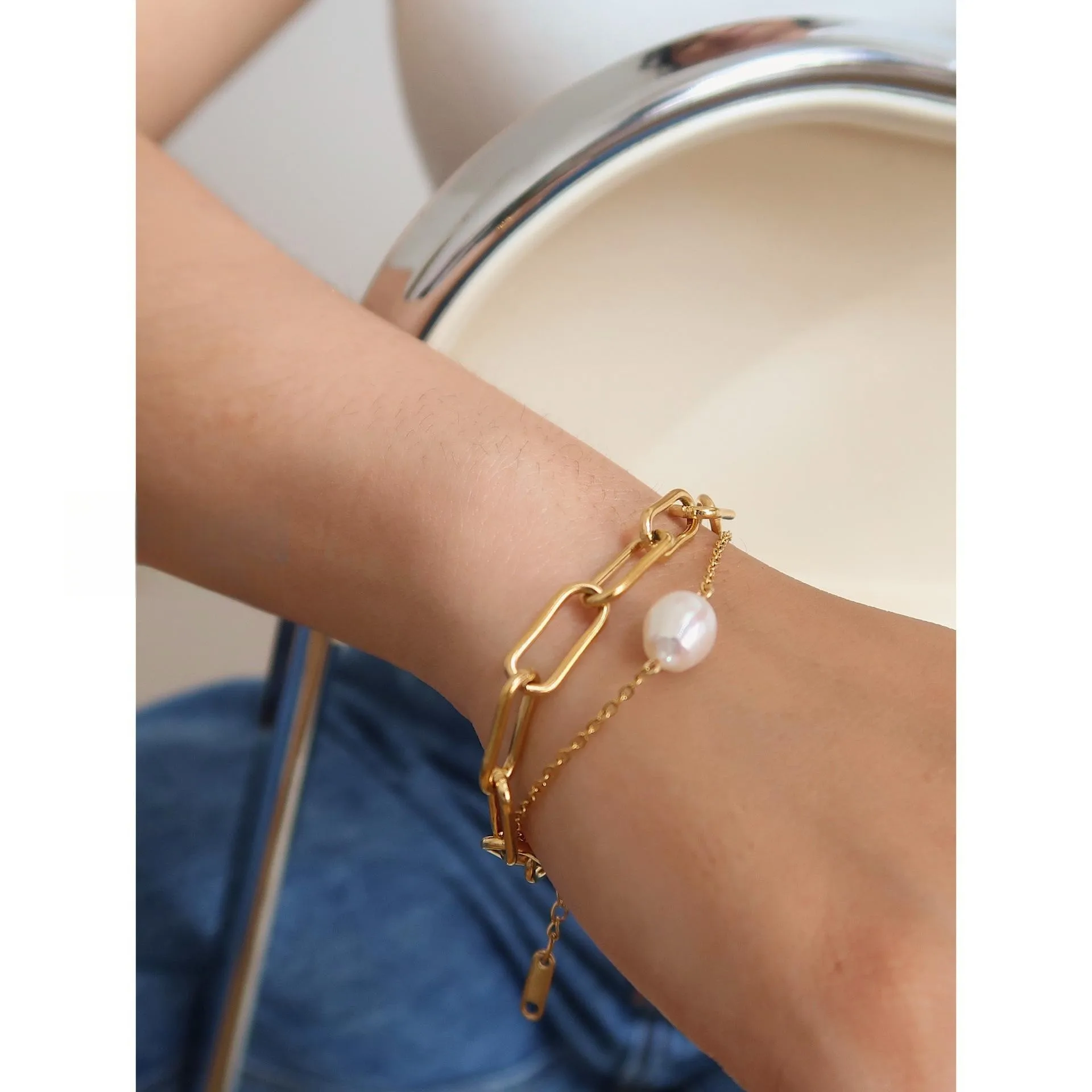 Square Chain Double Layer Bracelet Women's Natural Pearl Pendant Titanium Steel Gold-plated Personalized Jewelry