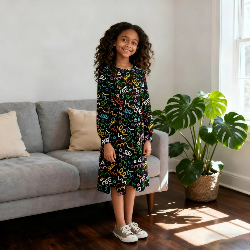 

2025 Girl Graffiti Fashion Printed Dress, Printed Long Sleeve Dress