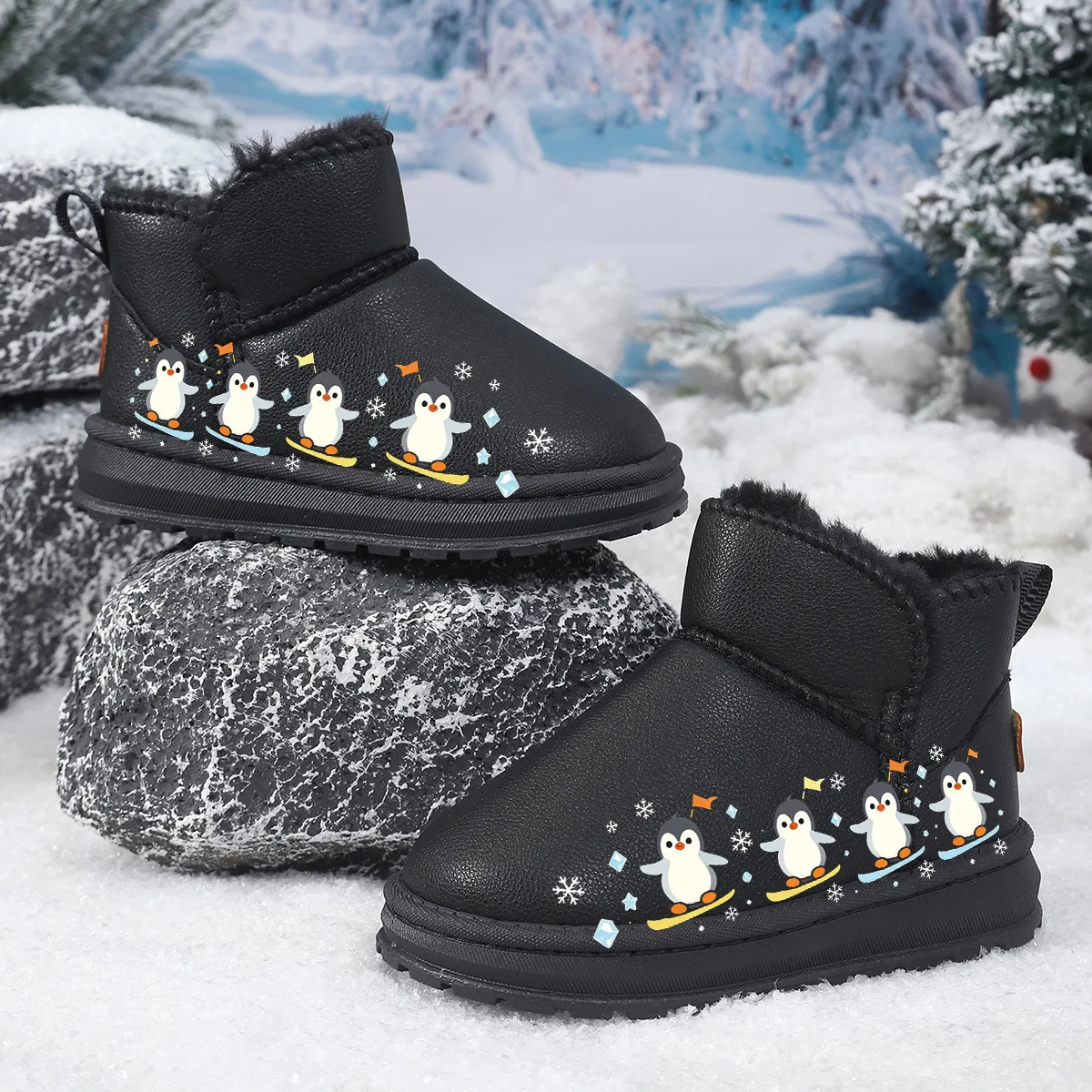 Kids Winter Snow Boots for Boys Girls Children Plush Boots Warm Fluffy Inside Non-Slip Rubber Thick Sole Ankle Boot Cute Penguin