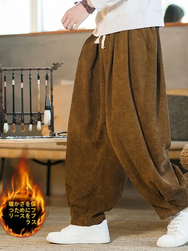 Men's Corduroy Pants Thiened Lined Loose Casual Lantern Pants Vintage Winter Warm Wide Leg Trousers