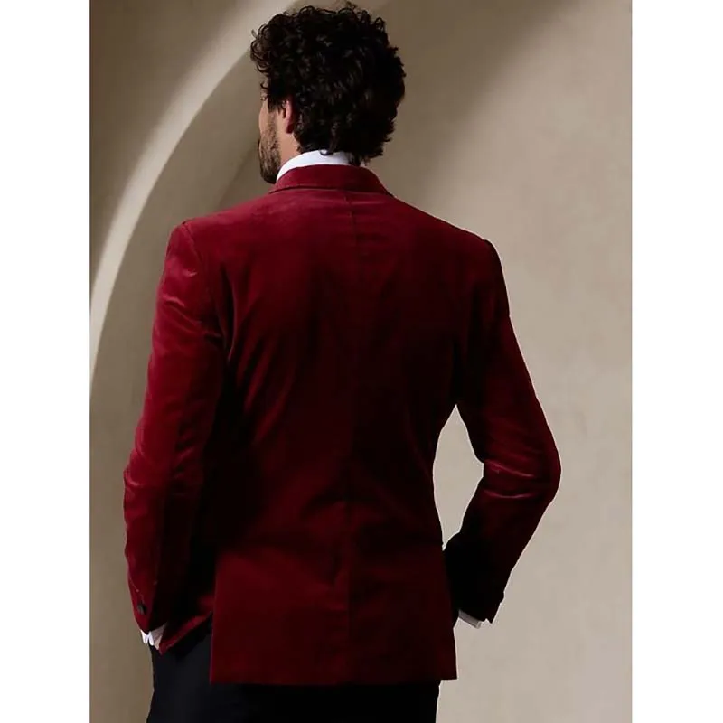 Trajes de terciopelo rojo con doble botonadura para hombre, chaqueta de 2 piezas a la moda de alta calidad, pantalones elegantes para novio, trajes