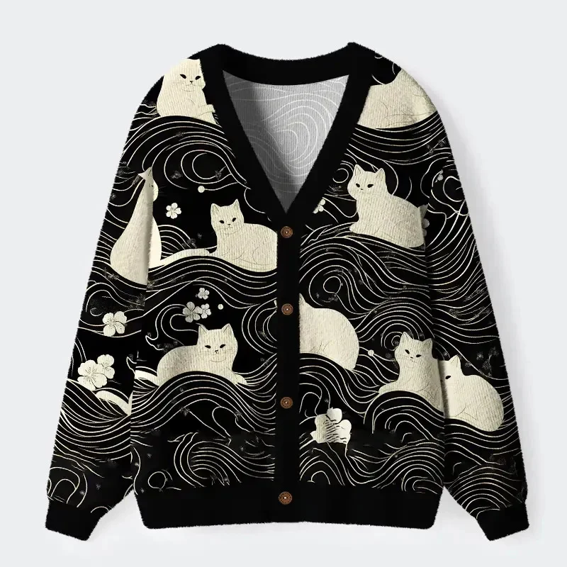 Japanese Cat Geometric Lines Long Sleeved Cardigan Sweater Unisex Comfort Fit Knitwear for Women And Men