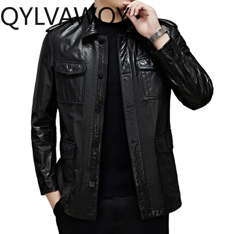 Chaqueta de Motocicleta QYLVAWOY, Chaqueta de Cuero Auténtico para Hombre, Chaqueta de Piel de Vaca, Nueva Chaqueta de Otoño Invierno para Hombre, Abrigo de Cuero Elegante, Chaqueta de Cuero
