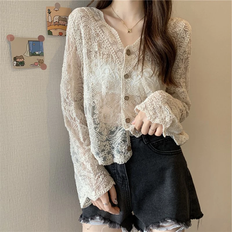 Sheer Crochet Top Long Sleeve Button Front V-Neck Open-knit Embroidery Blouse Women Summer Fairycore Cottagecore Outfit