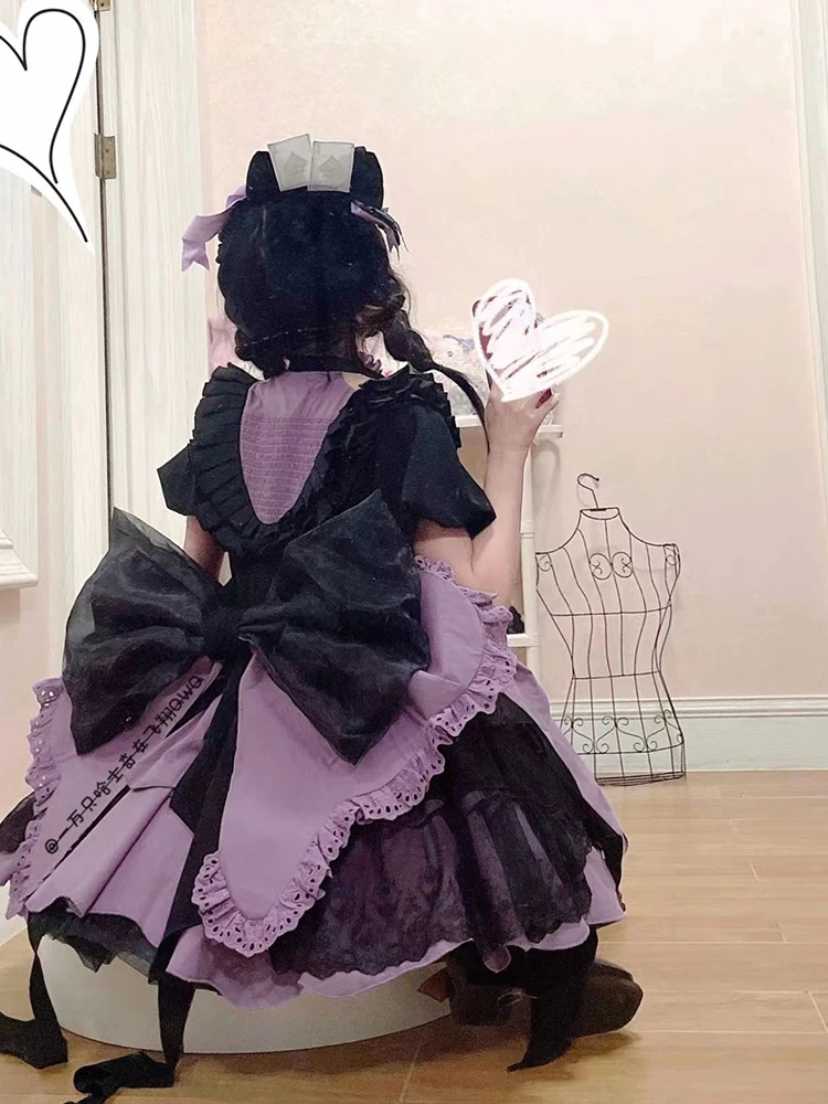 Black Purple Lolita Dress Women's Sweet Cute Girls Cosplay Dress Lady High Waist Slim Bow Short Dress Vestidos Mujer Summer