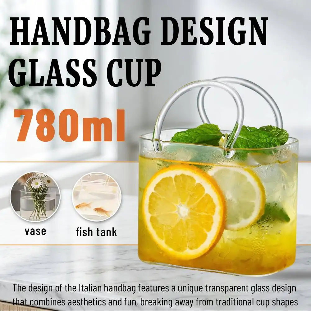 Ins Style Handbag Glass Cup with Glass Straw Purse Shape Wine Cup Fish Tank Vase Decorative Flower Vases for Juice Tea Cocktails