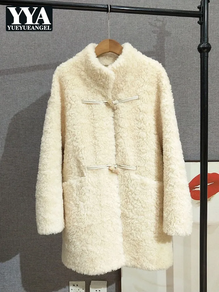 Autumn Winter Women Real Sheep Fur Jacket Cow Horn Button Loose Overcoat Thick Warm Mid Long Stand Collar Jackets Coat Hot Sale