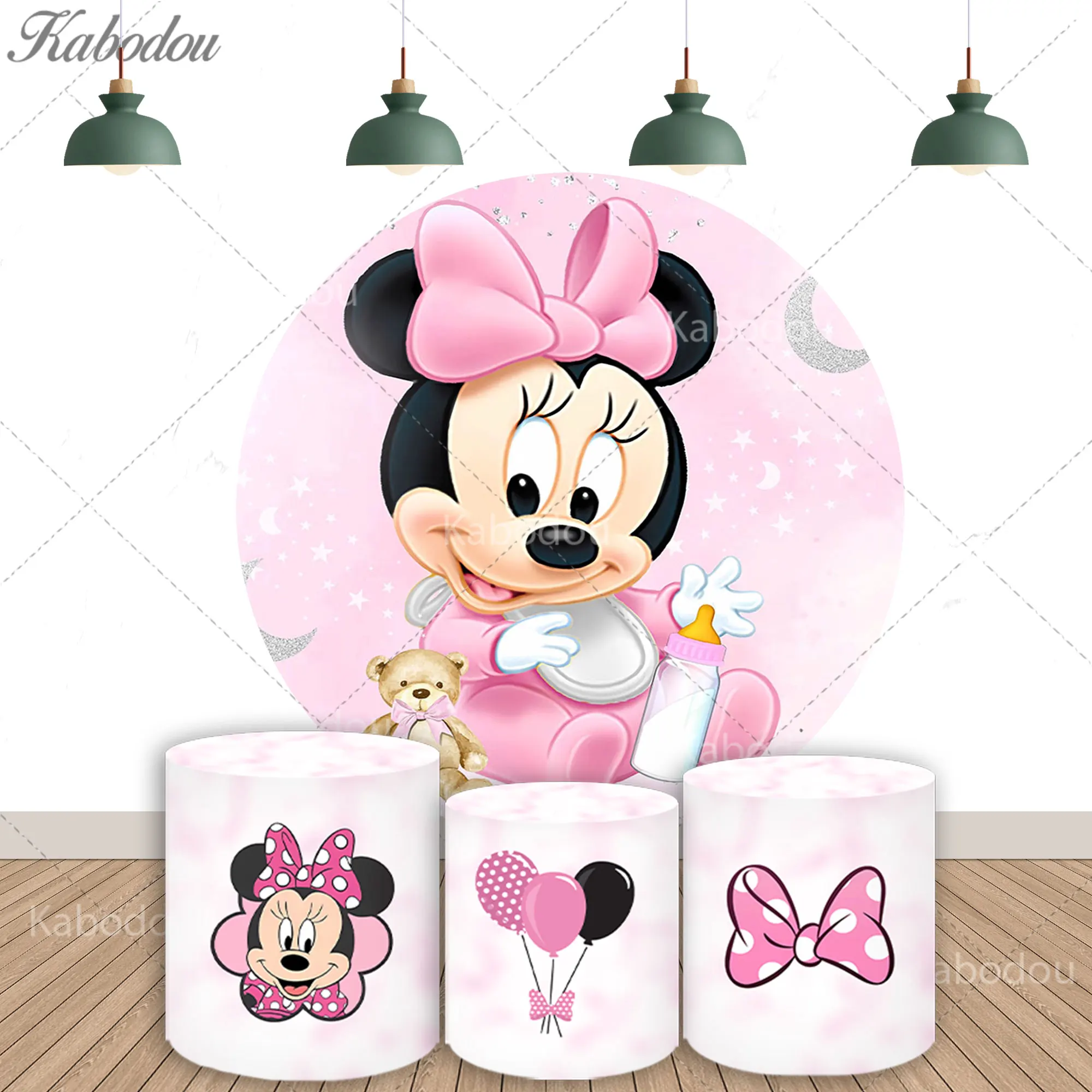 

Круглый розовый фон с Минни Маус для девочек, украшения для первого дня рождения, фон для детского душа, баннер для фотосъемки, постер