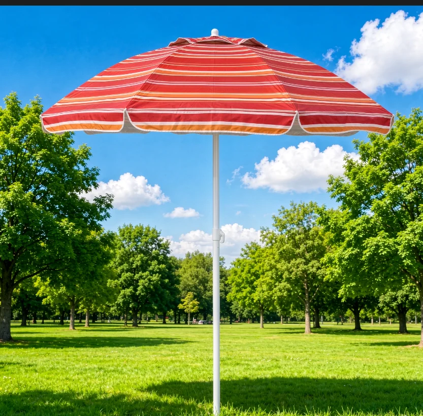 6-Foot Striped Vented Sun-Protecting 210D Oxford 100% Polyester White Steel Pole Beach Umbrella Tilt Function
