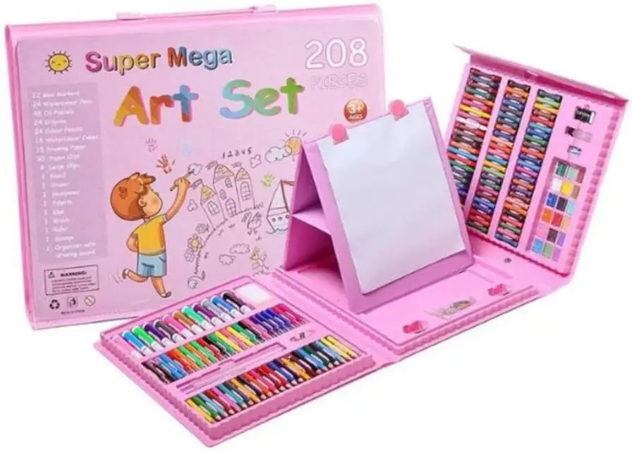 Larger Size Art Supplies Box, 208-Piece Drawing Art Kit, Gifts Art Set Case With Double Sided Trifold Easel, Includes Oil Pastels, Crayons, Colored Pencils, Watercolor Cakes