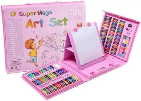 Larger Size Art Supplies Box, 208-Piece Drawing Art Kit, Gifts Art Set Case With Double Sided Trifold Easel, Includes Oil Pastels, Crayons, Colored Pencils, Watercolor Cakes