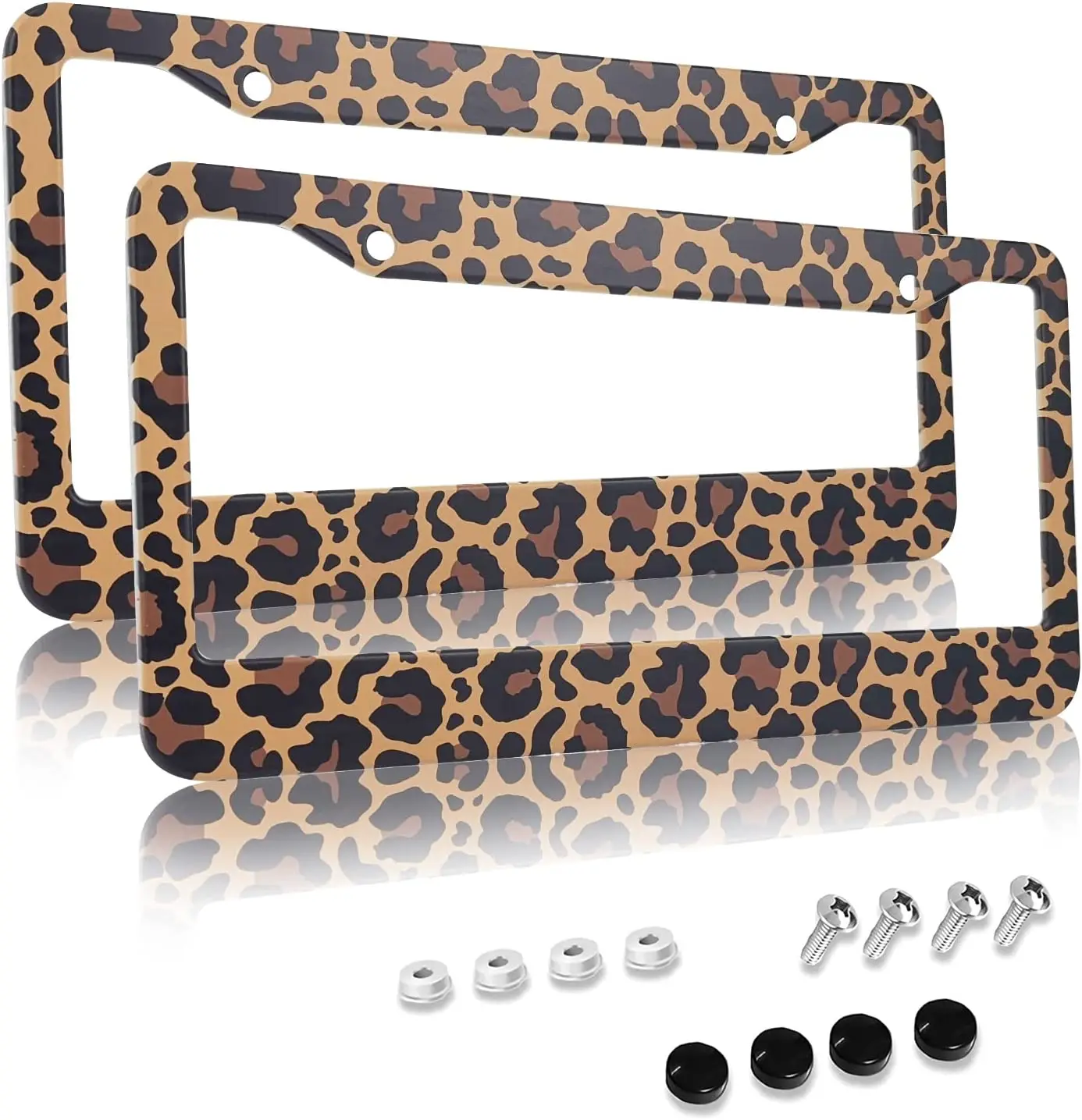 Leopard Cheetah Print License Plate Frames Covers Car Tag Frame Holder Car Accessories Brown Stainless Aluminum Decor 2 Pcs Set