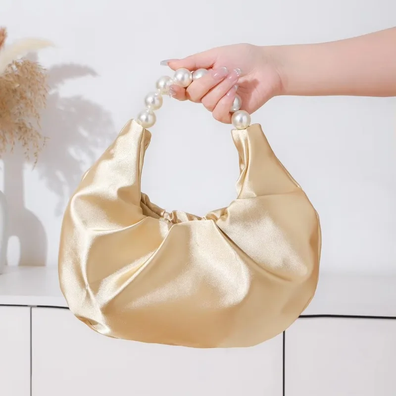 French Elegant Design Pearl Portable Cloud Bag, Niche Satin Fairy Bridesmaid Wedding Dinner Bag