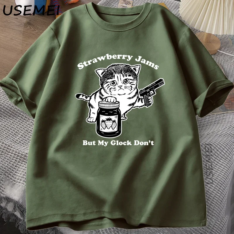 Mermelada de fresa pero mi Glock no atrapa gatos gato divertido papá Camiseta de algodón de verano ropa transpirable y holgada