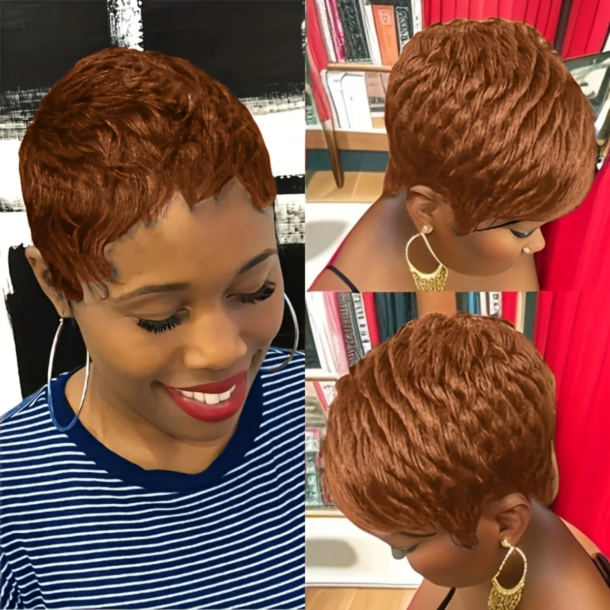 ショートブラウンフルマシンメイドウィッグ人毛ショートナチュラルストレートレイヤードカットピクシーウィッグ