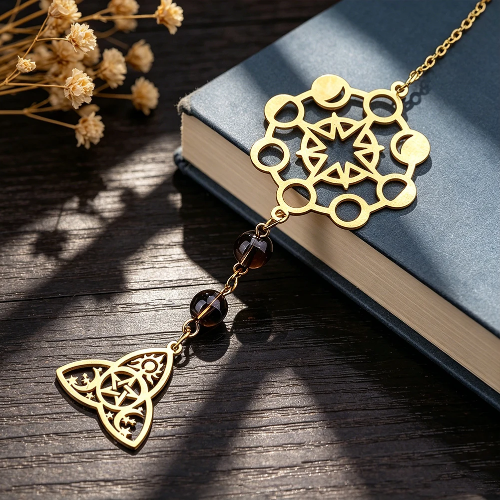 Matte Moon Phase Pentacle Triquetra Charm With Smoky Quartz Beads Pendant For Window Car Home Occult Hanging Decor Gift