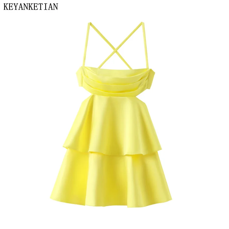 

KEYANKETIAN 2024 New Launch Women Hollow out Backless Cross Strap Dress Hot sweet Tiered Ruffles Slim Pleated Satin Party Dress