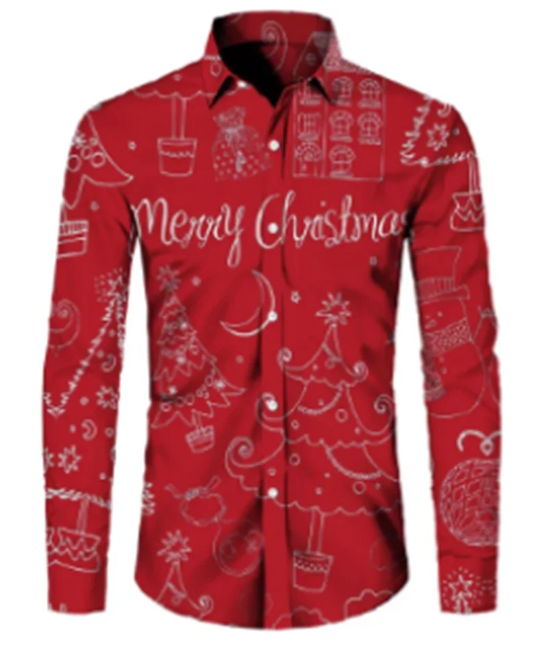 Classic Santa Claus shirt printed long sleeved shirt for men, fashionable casual shirt, breathable and comfortable shirt, men\'s