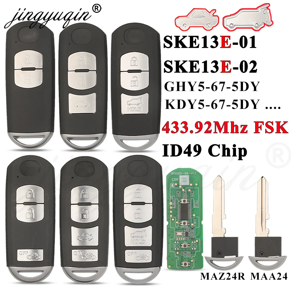 Jingyuqin 433Mhz ID49 2/3/4BTN Smart Key for MAZDA 2 3 6 CX-5 Atenza Axela 2014+ SKE13E-01 SKE13E-02 Car Remote Control Nologo