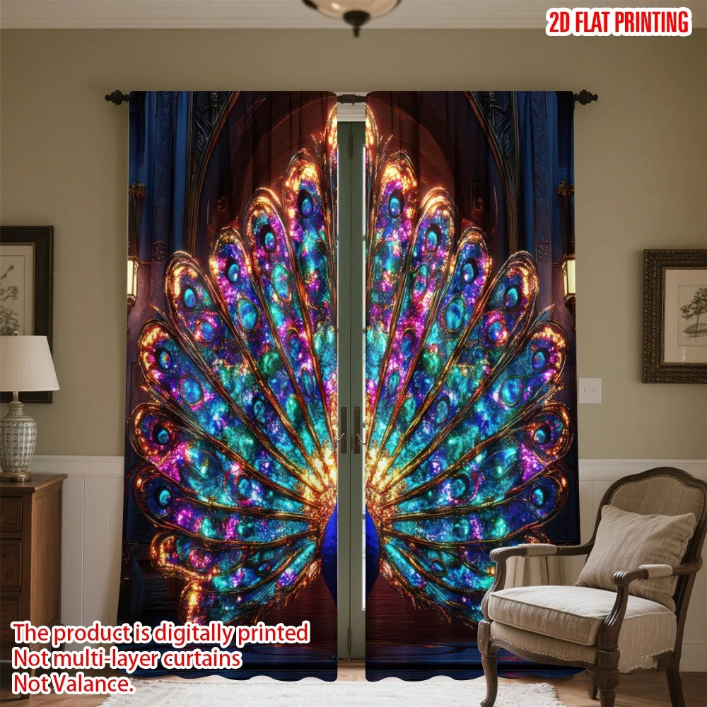 

2D flat printing 2pcs Window Treatment Curtains Vibrant Illuminated Peacock Digital Printed Polyester Drapes Birthday Party for