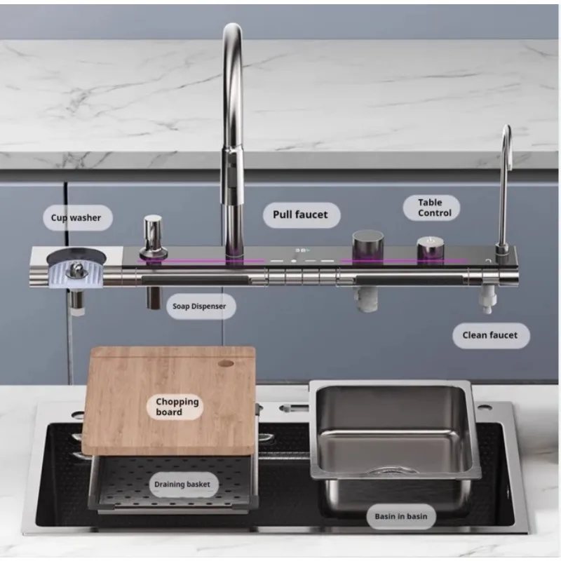 New Handmade Smart Waterfall Single Bowl Kitchen Sink 304 Stainless Steel Nano Technology Multifunctional Two Faucet