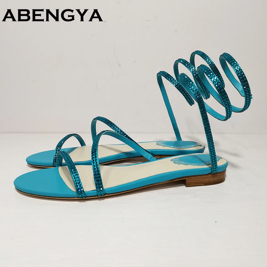 

Hot Sale Summer Holiday Beach Sandals Women Ankle Snake Dress Crystal Shoes For Women Runway Flat Sandals Woman