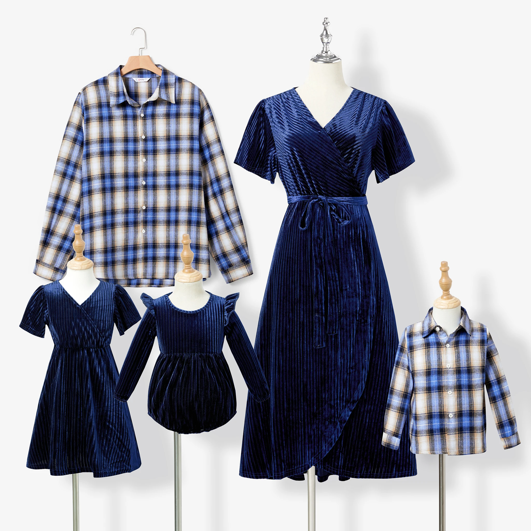 PatPat Family Matching Long-sleeve Plaid Shirt Tops and Elegant Solid Color Short-sleeve Velvet Dresses Sets