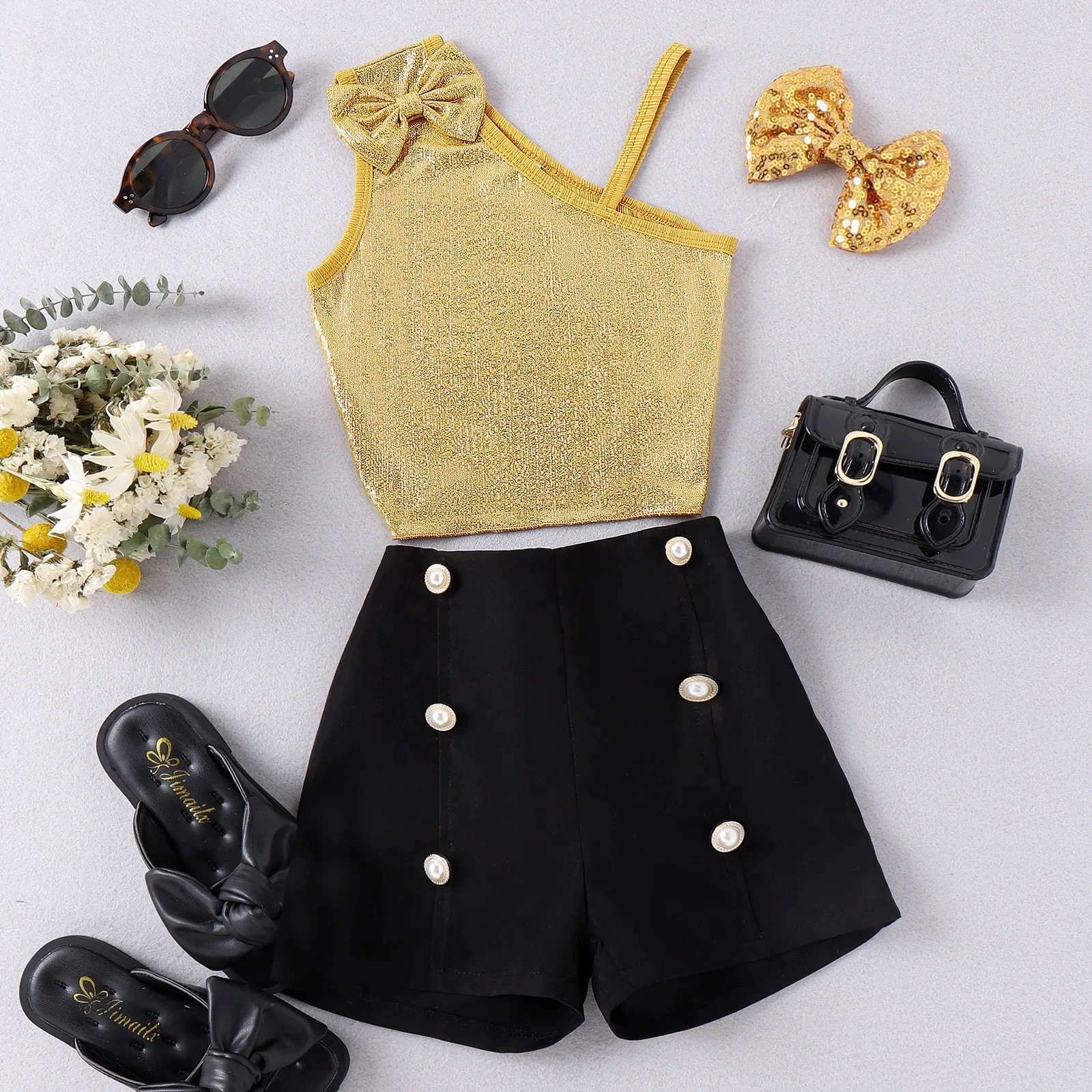 

New 2024 Summer Girls Fashion Clothes Sets One-shoulder Sleeve Sequins Sling Crop Tops + Solid Shorts Girls Casual Clothing