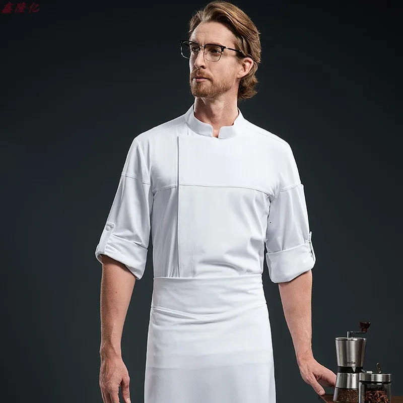 Uniforme de travail à col montant pour Chef d'hôtel, chemise blanche à manches longues pour Restaurant occidental, restauration d'hôtel, vêtements de travail à la mode pour hommes