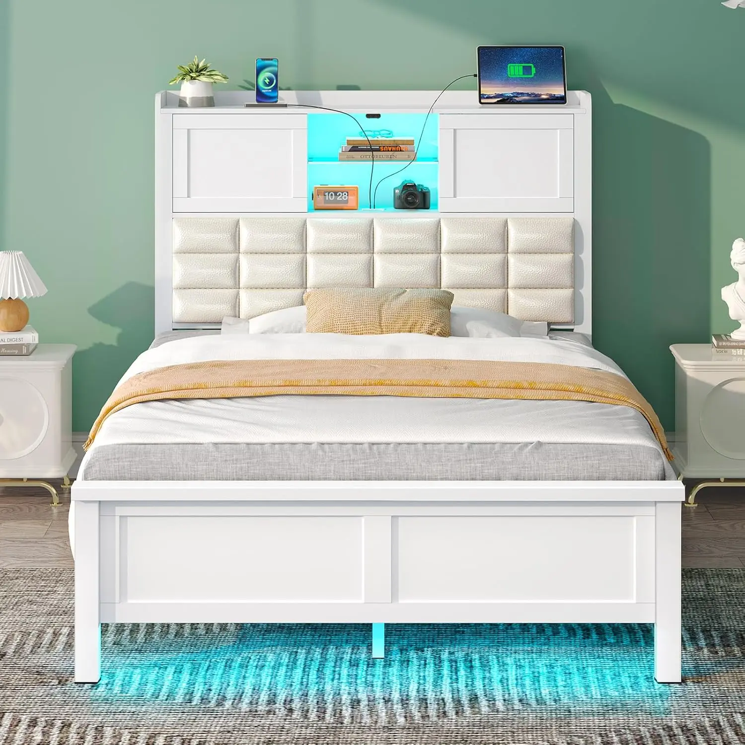 Twin Size with Charging Station, Bookcase Headboard Bed with LED Light and Sliding Doors, Platform Bed with