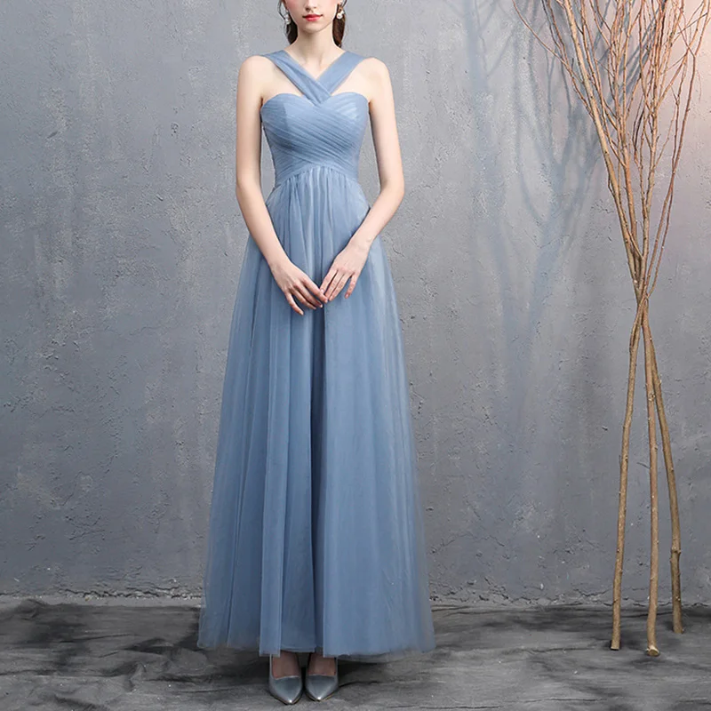 Grey And Blue Tulle Long Evening Dress For Women Wedding Party Simple And Elegant Formal Dress Bridesmaid Dresses With Bow