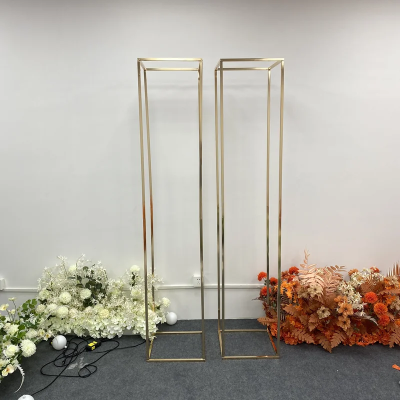 Luxuriöser Hochzeitsbogen, quadratische goldbeschichtete Säulen, Ballon- und Blumenständer für Hochzeitsfeier-Hintergrund, Geburtstagsbühnen-Hintergrund – Detail 2
