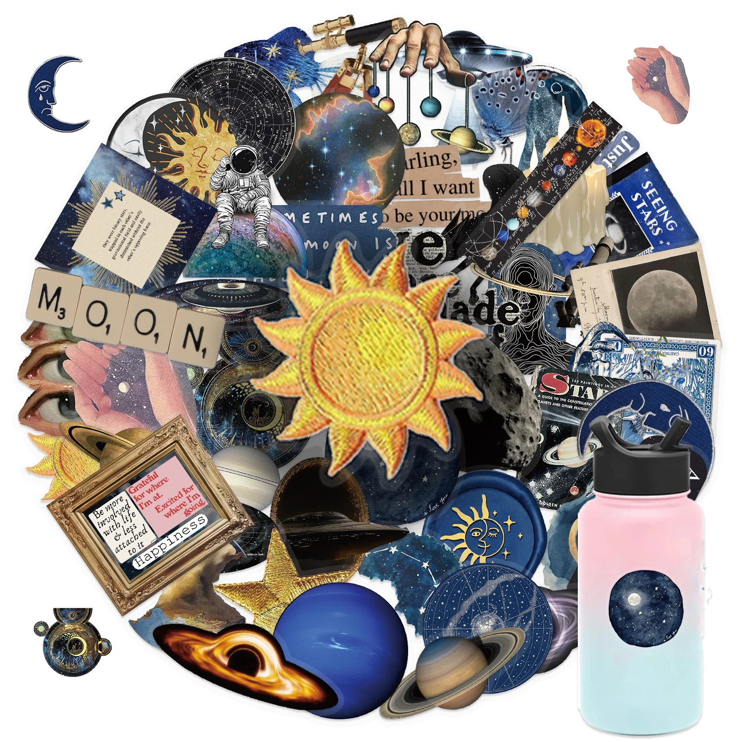 50Pcs Space Sun Planet Cartoon Waterproof PET Stickers Pack Cute Water Bottle Laptop Skateboard Scrapbook Accessories