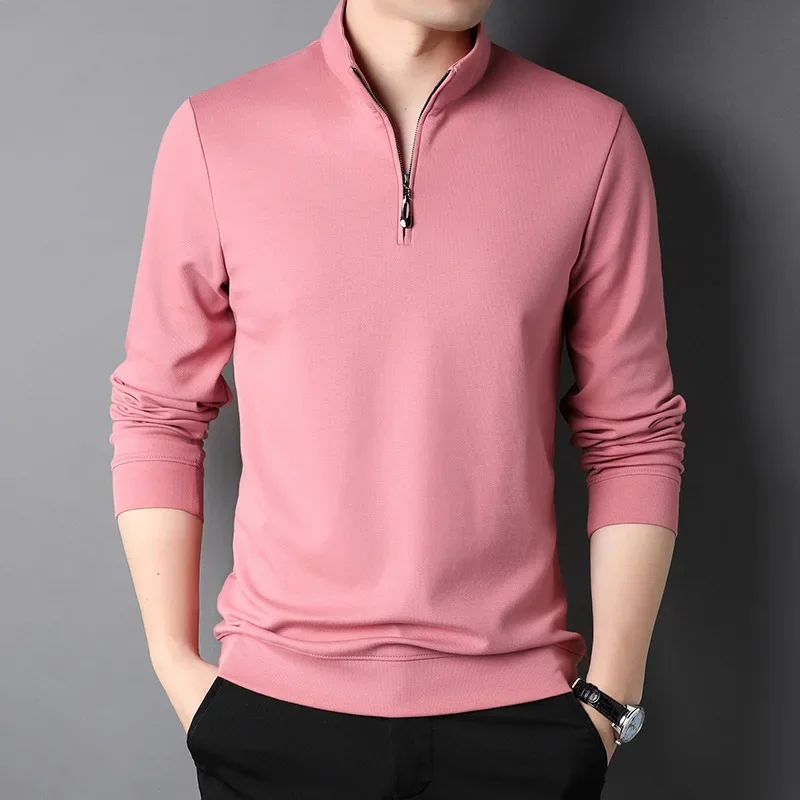

2025 Spring and Autumn Men's Pullover Stand Neck Zipper Solid Long Sleeve T-shirt High Neck POLO Bottom Fashion Casual Tops
