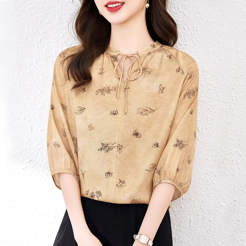 

Elegant Shirts Fashion Blouses for Women 2026 Summer V-neck Real Silk Women's Floral Print Blouse Loose Tops Woman Casual Shirt