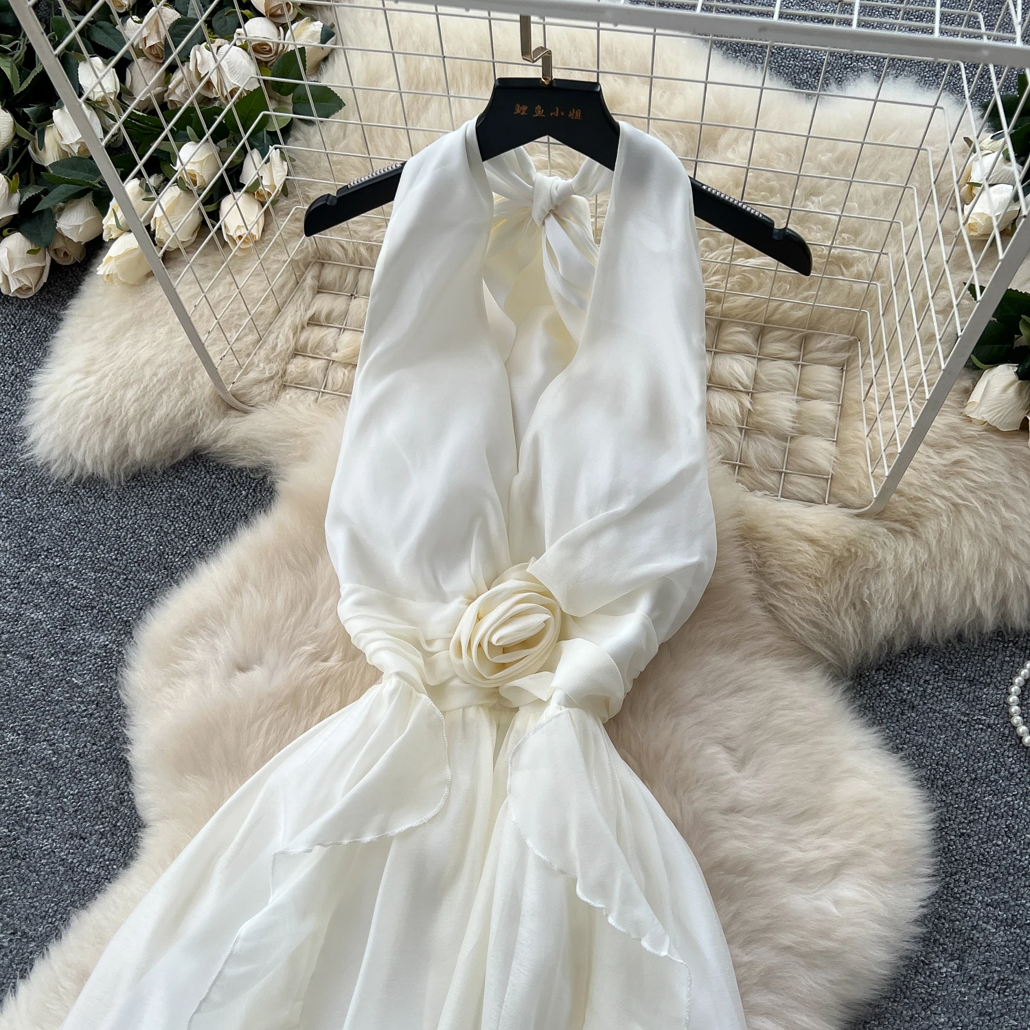 Beach Slip Dress Flower Ruffle Halter Fairy Party Dresses Women Summer Sleevelss Backless Long Robe Femmes Fashion Holiday Dress